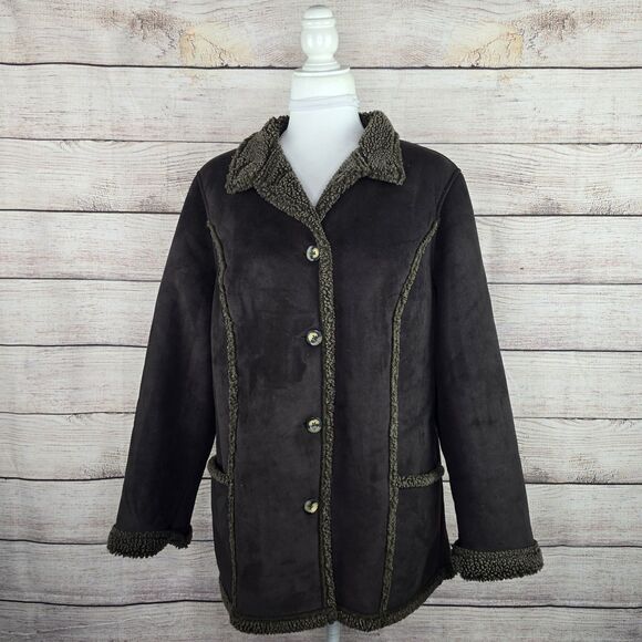 Vintage L.L. Bean Faux Suede Sherpa Lined Barn Jacket Medium Petite Dark Brown - Picture 1 of 8
